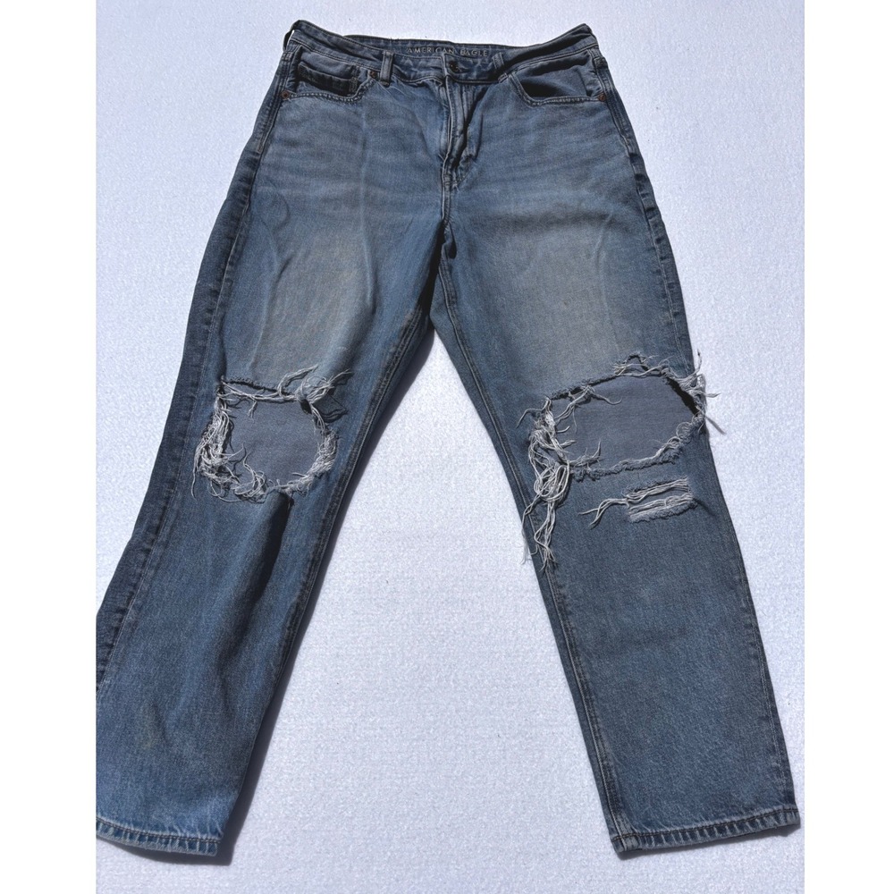 American Eagle Strigid Real Good Distressed Straight Leg Jeans Blue 12 Short